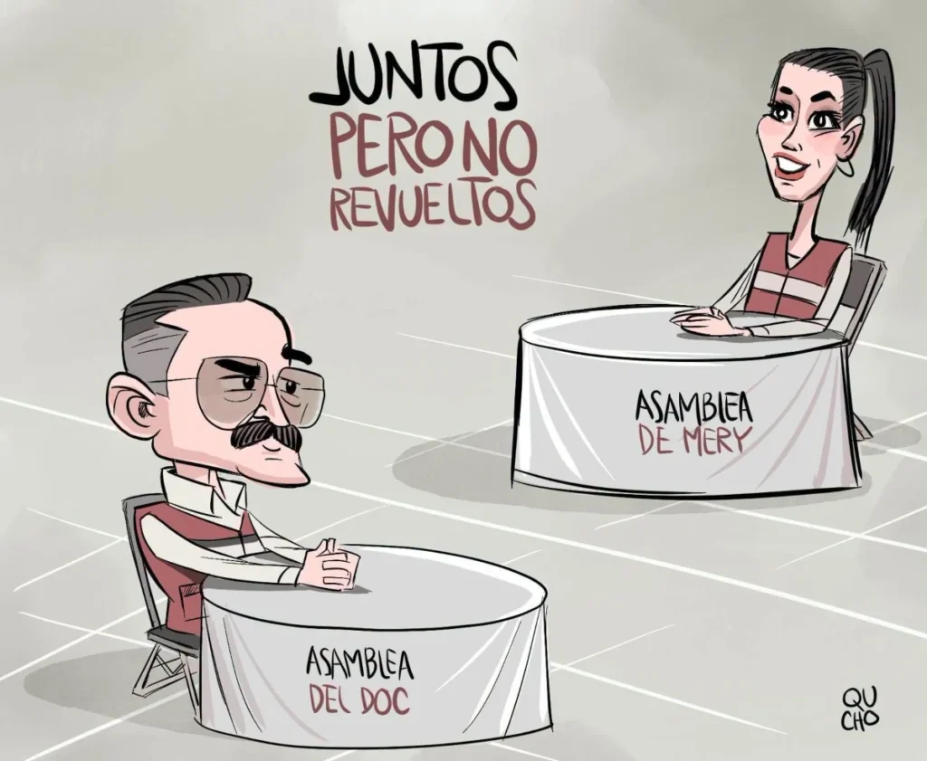 Cartón de Qucho sobre Carlos Lomelí y Mery Pozos