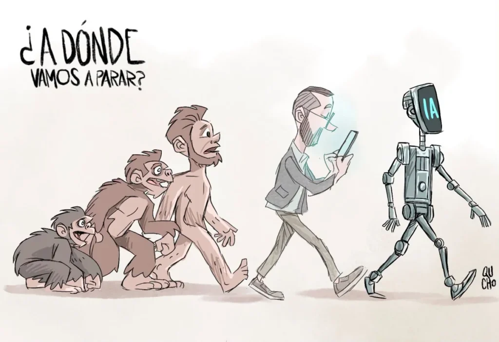 Cartón de Qucho sobre la evolución de la Humanidad