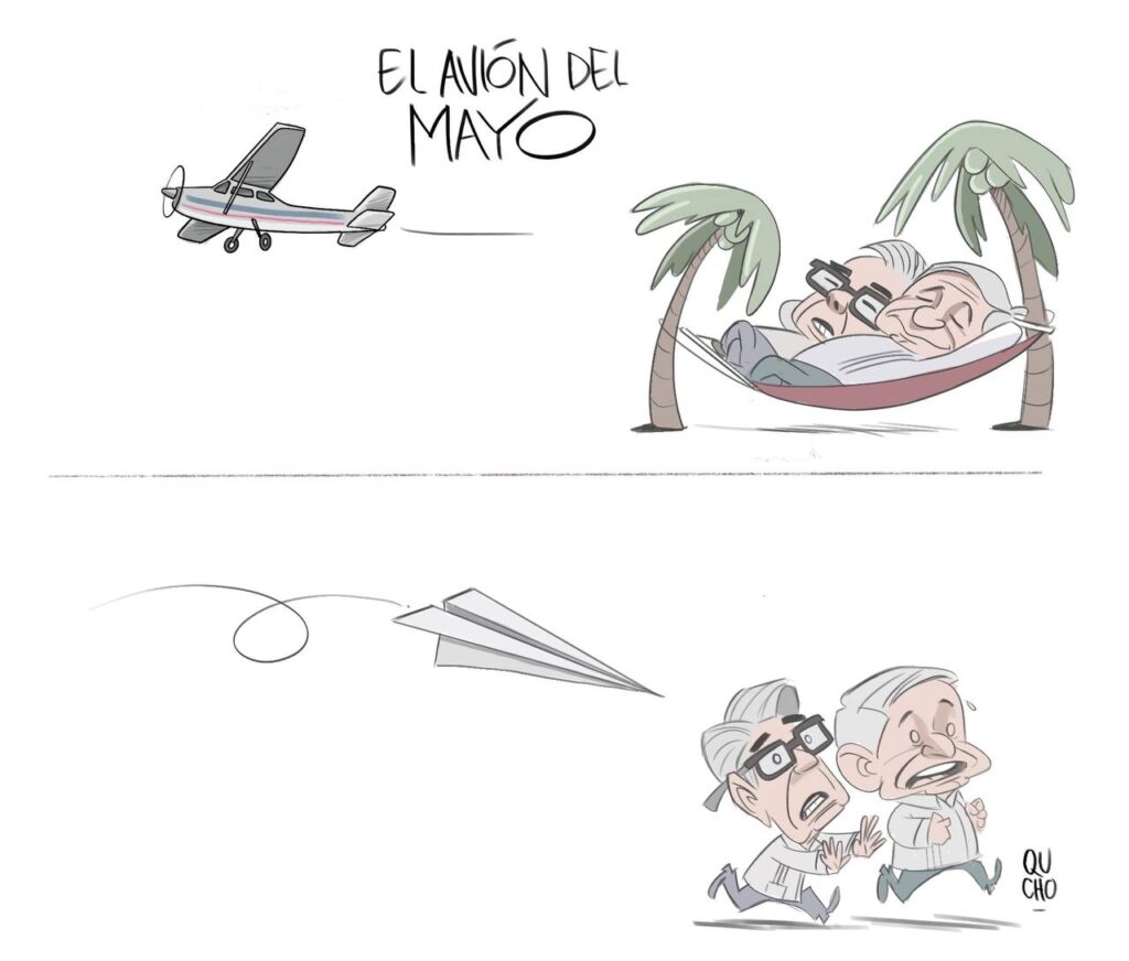 Cartón Qucho sobre el avión del Mayo y Morena