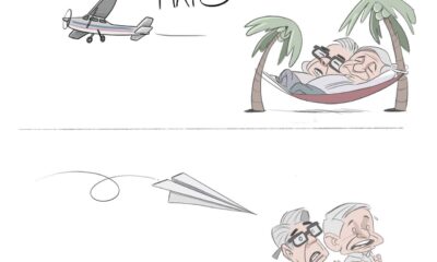 Cartón Qucho sobre el avión del Mayo y Morena