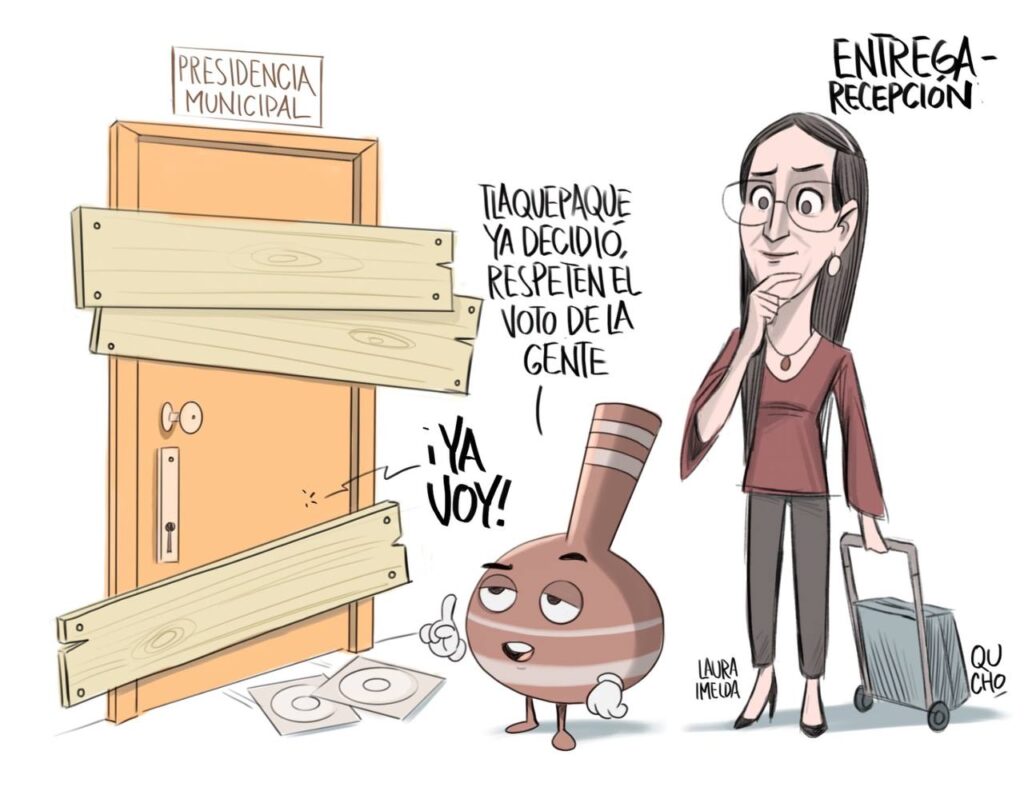 Cartón de Qucho Morenos sobre la entrega recepción en Tlaquepaque. Laura Imelda de Morena