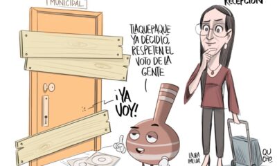 Cartón de Qucho Morenos sobre la entrega recepción en Tlaquepaque. Laura Imelda de Morena