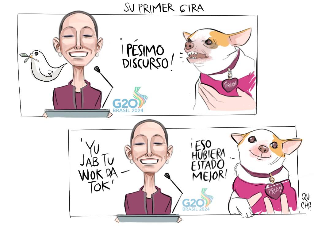 Cartón de Qucho sobre la primera gira de la presidenta Claudia Sheinbaum