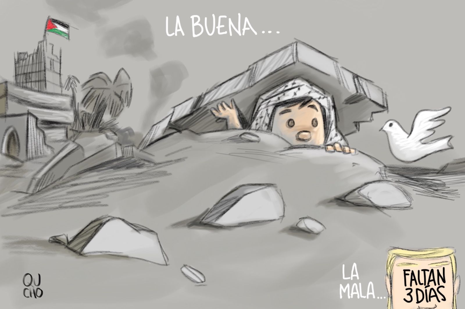 Cartón Qucho Moreno sobre el acuerdo de paz en Palestina