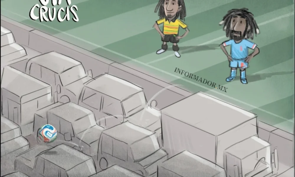 Cartón de Qucho sobre el tráfico para llegar al Estadio Akron