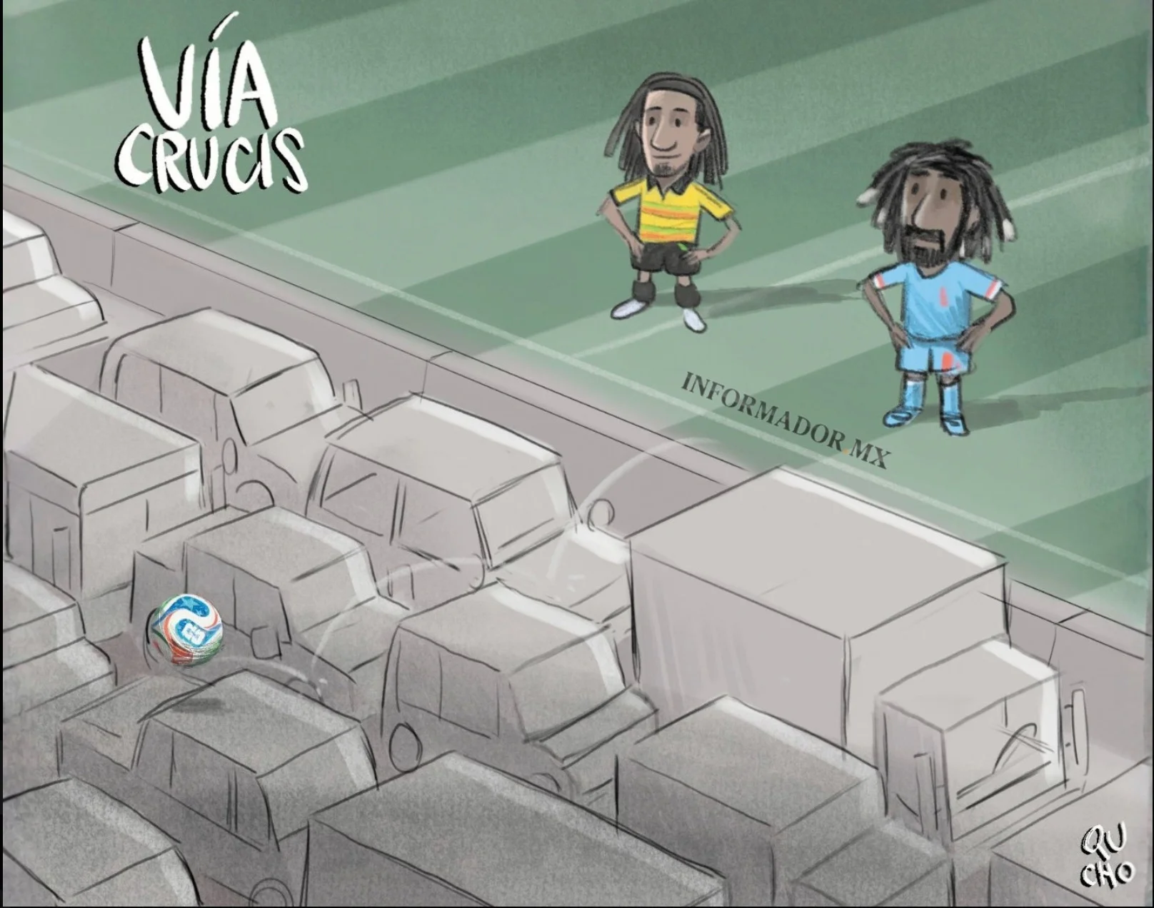 Cartón de Qucho sobre el tráfico para llegar al Estadio Akron