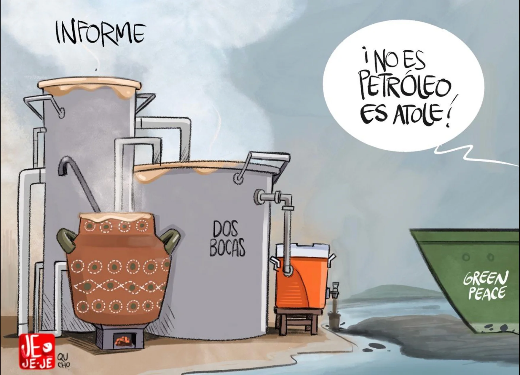 Cartón de Qucho Monero sobre la contaminación de Pemex