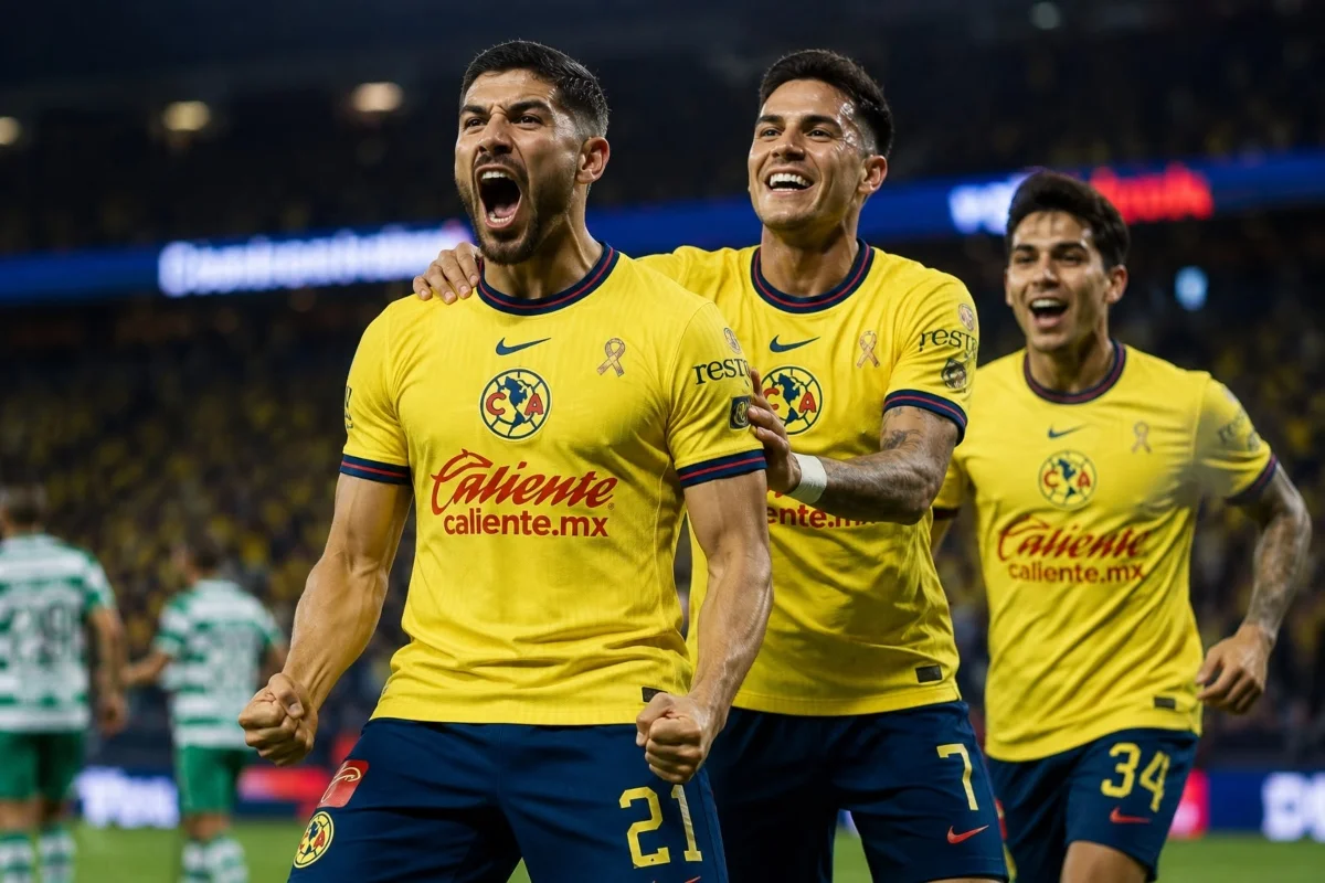 Jugadores del Club América celebran uno de los goles anotados durante la victoria 3-0 sobre Santos Laguna en el Estadio Banorte.