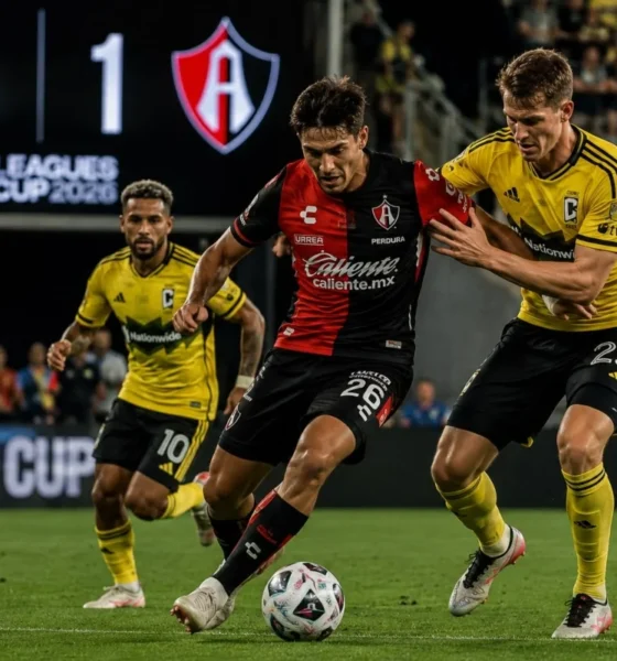 Jugadores de Atlas disputan el balón contra Columbus Crew durante su debut en la Leagues Cup 2026.