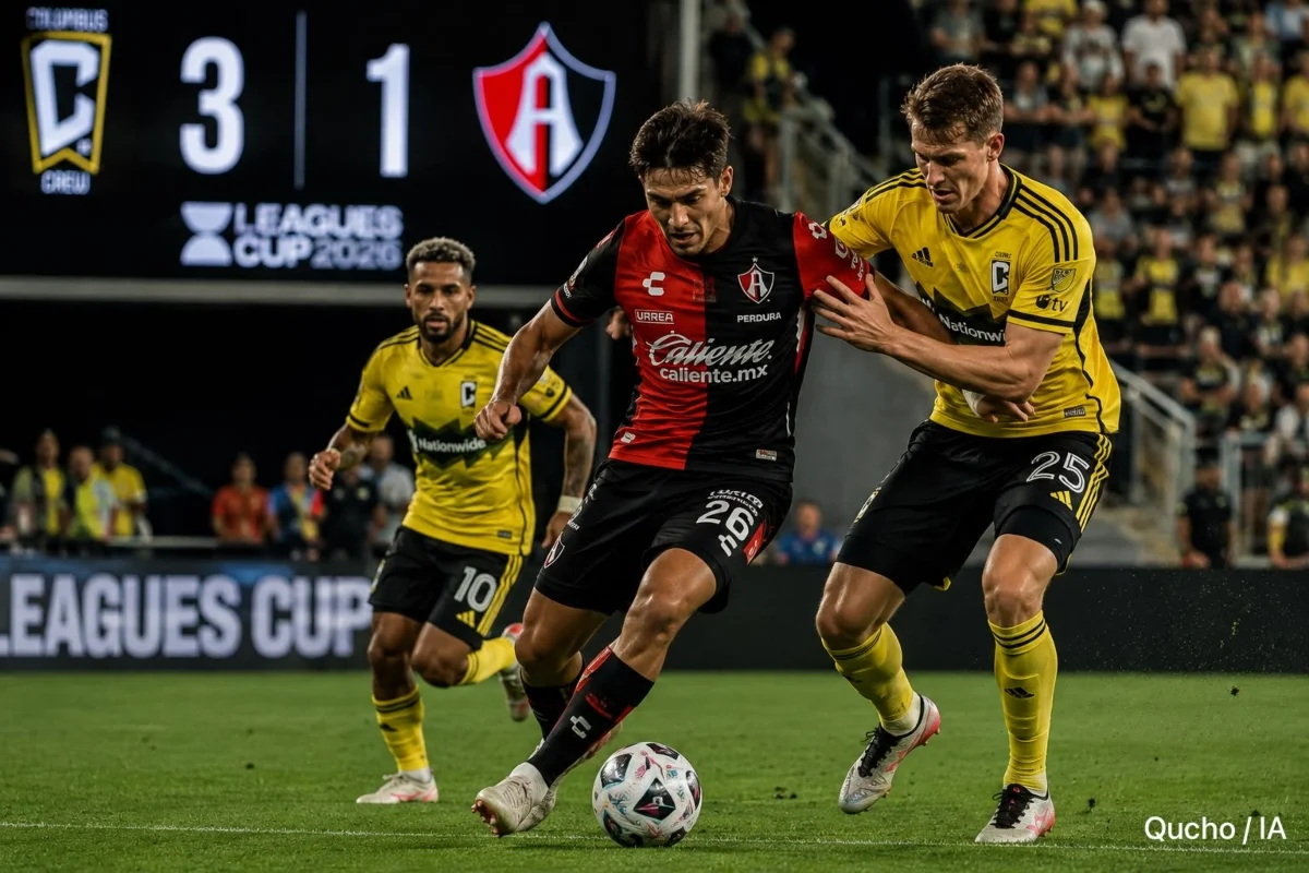 Jugadores de Atlas disputan el balón contra Columbus Crew durante su debut en la Leagues Cup 2026.