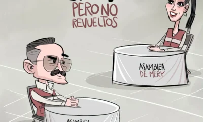 Cartón de Qucho sobre Carlos Lomelí y Mery Pozos
