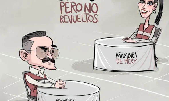 Cartón de Qucho sobre Carlos Lomelí y Mery Pozos