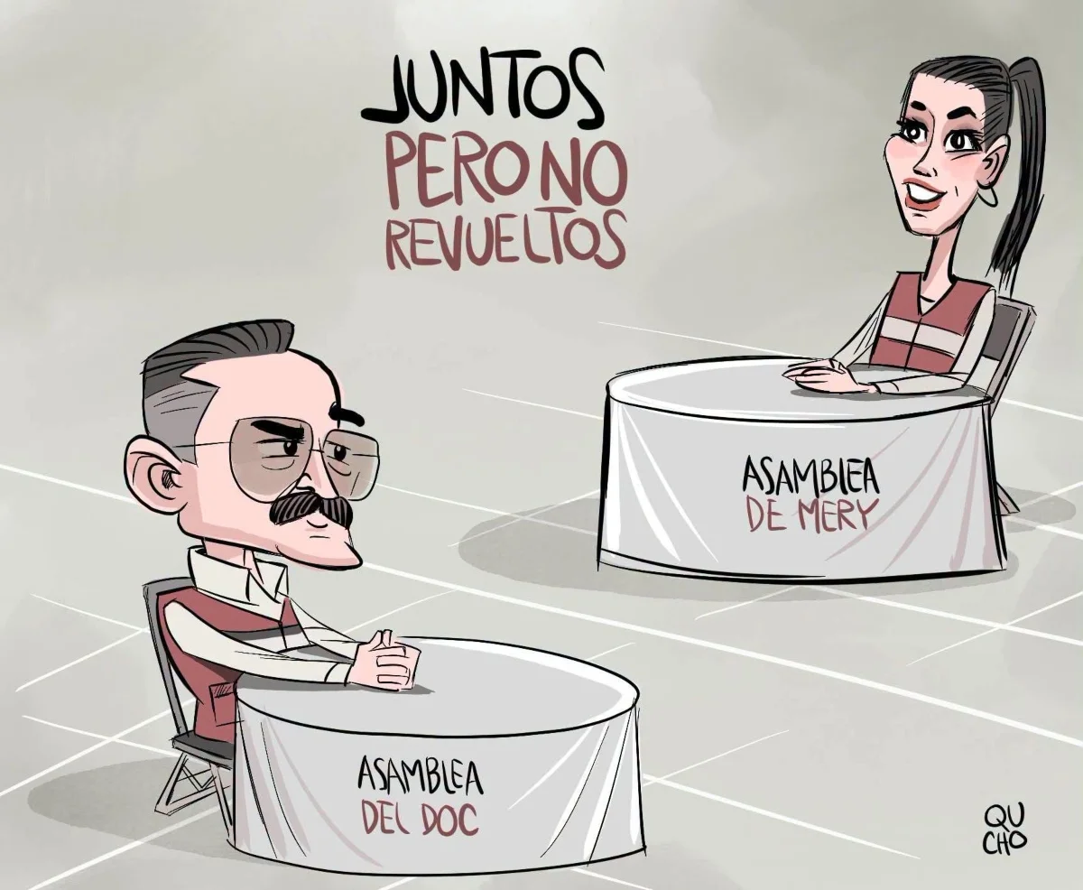 Cartón de Qucho sobre Carlos Lomelí y Mery Pozos