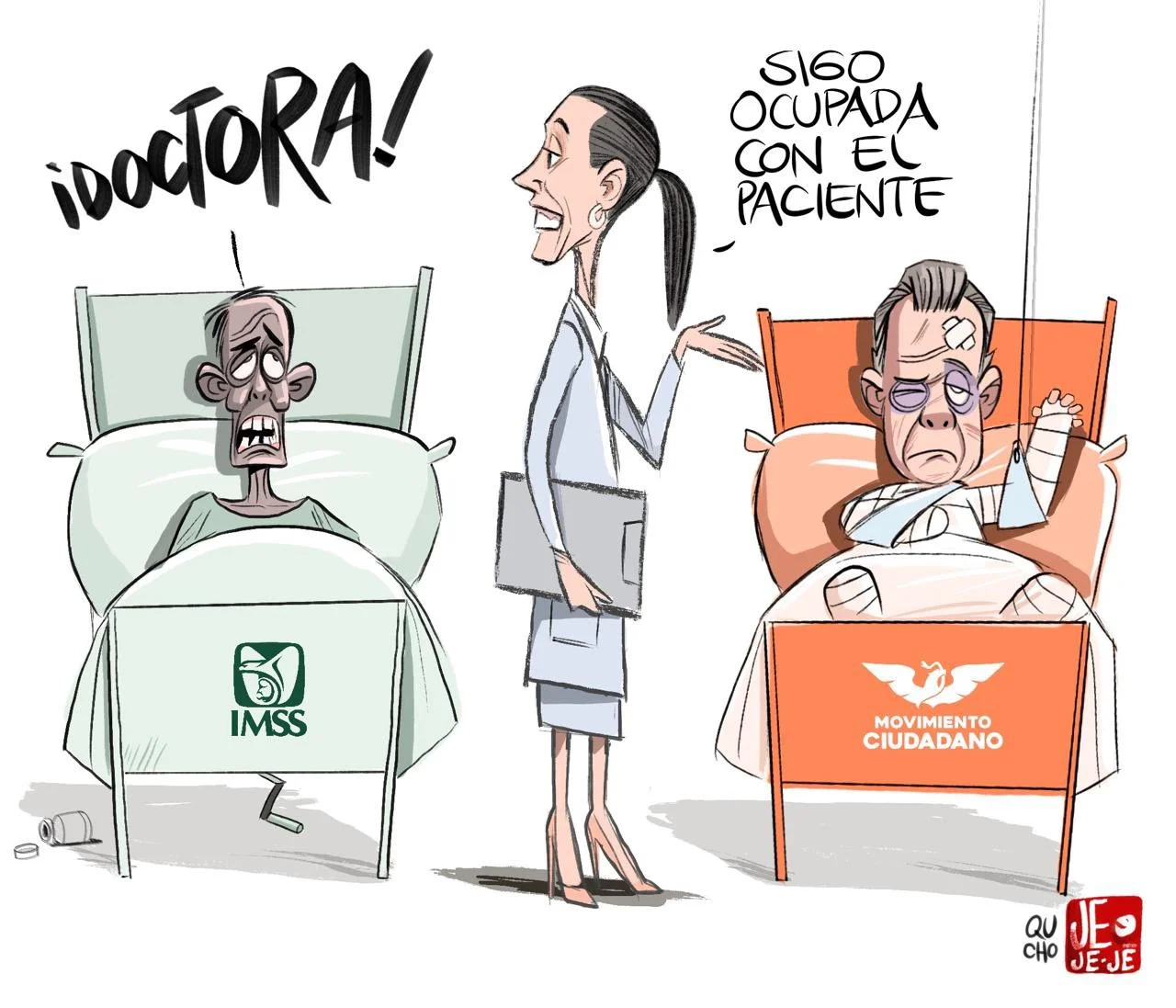 Cartón de Qucho Monero sobre los enfermos: IMSS y Pablo Lemus