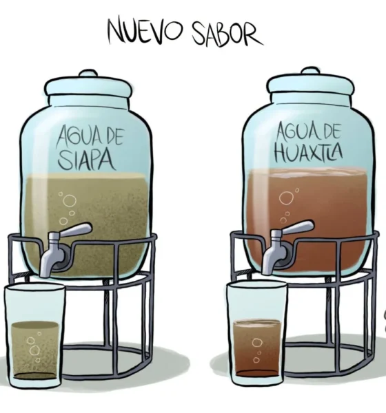 Cartón de Qucho sobre el agua sucia que llega a la ZMG